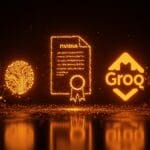 Colaboración estratégica en inteligencia artificial entre Nvidia y Groq con metáforas visuales de redes neuronales y crecimiento en startups de IA.