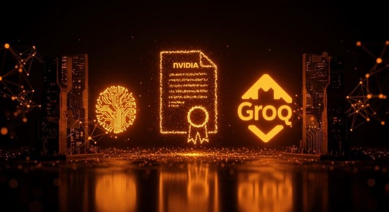 Colaboración estratégica en inteligencia artificial entre Nvidia y Groq con metáforas visuales de redes neuronales y crecimiento en startups de IA.