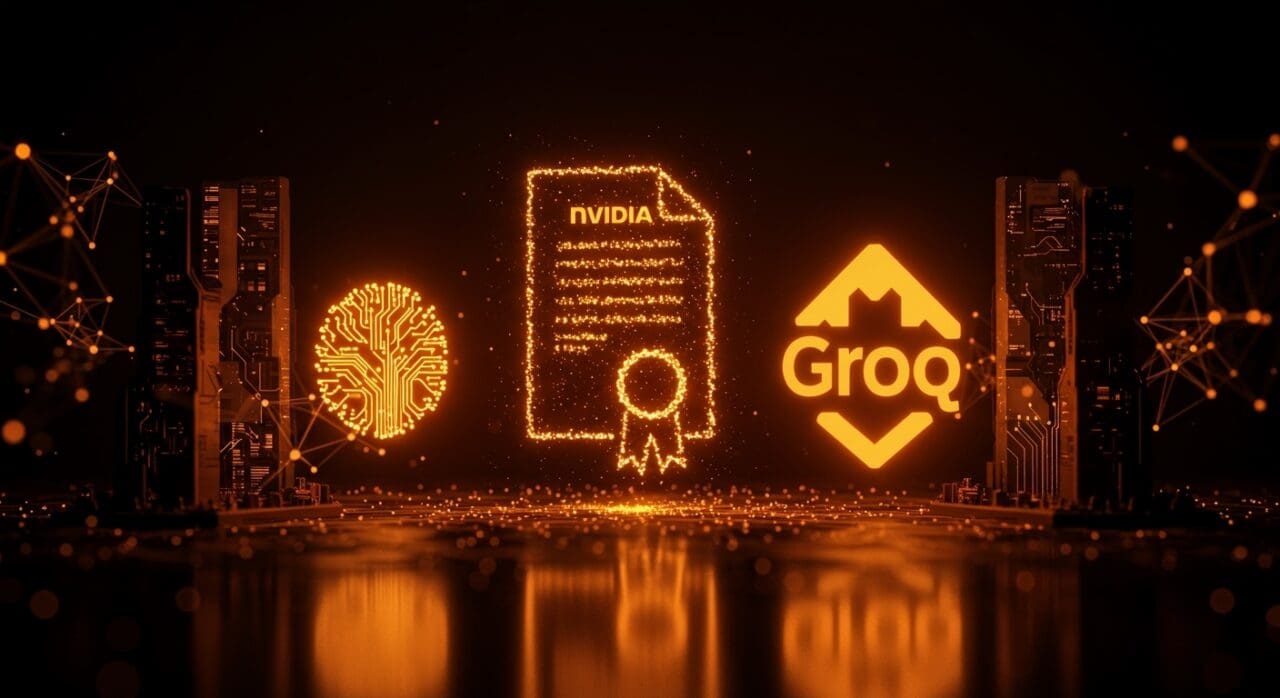 Colaboración estratégica en inteligencia artificial entre Nvidia y Groq con metáforas visuales de redes neuronales y crecimiento en startups de IA.