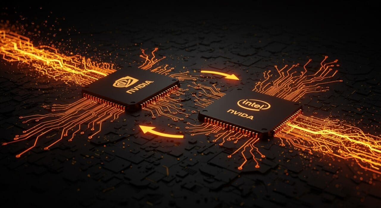 Representación visual de la inversión estratégica de Nvidia en Intel en semiconductores y ecosistema AI con circuitos y flujos de energía naranja y negro.