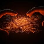 Inversión de Nvidia en Synopsys simbolizada por un chip futurista con energía digital y redes neuronales en tonos naranja y negro.