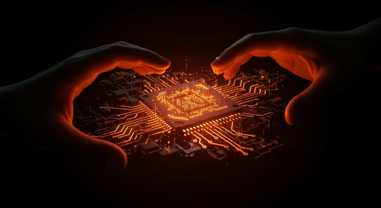 Inversión de Nvidia en Synopsys simbolizada por un chip futurista con energía digital y redes neuronales en tonos naranja y negro.