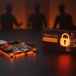 Dispositivos Raspberry Pi y Flipper Zero resaltados con luz naranja y negra, simbolizando la prohibición y debate en el ecosistema startup de NYC.