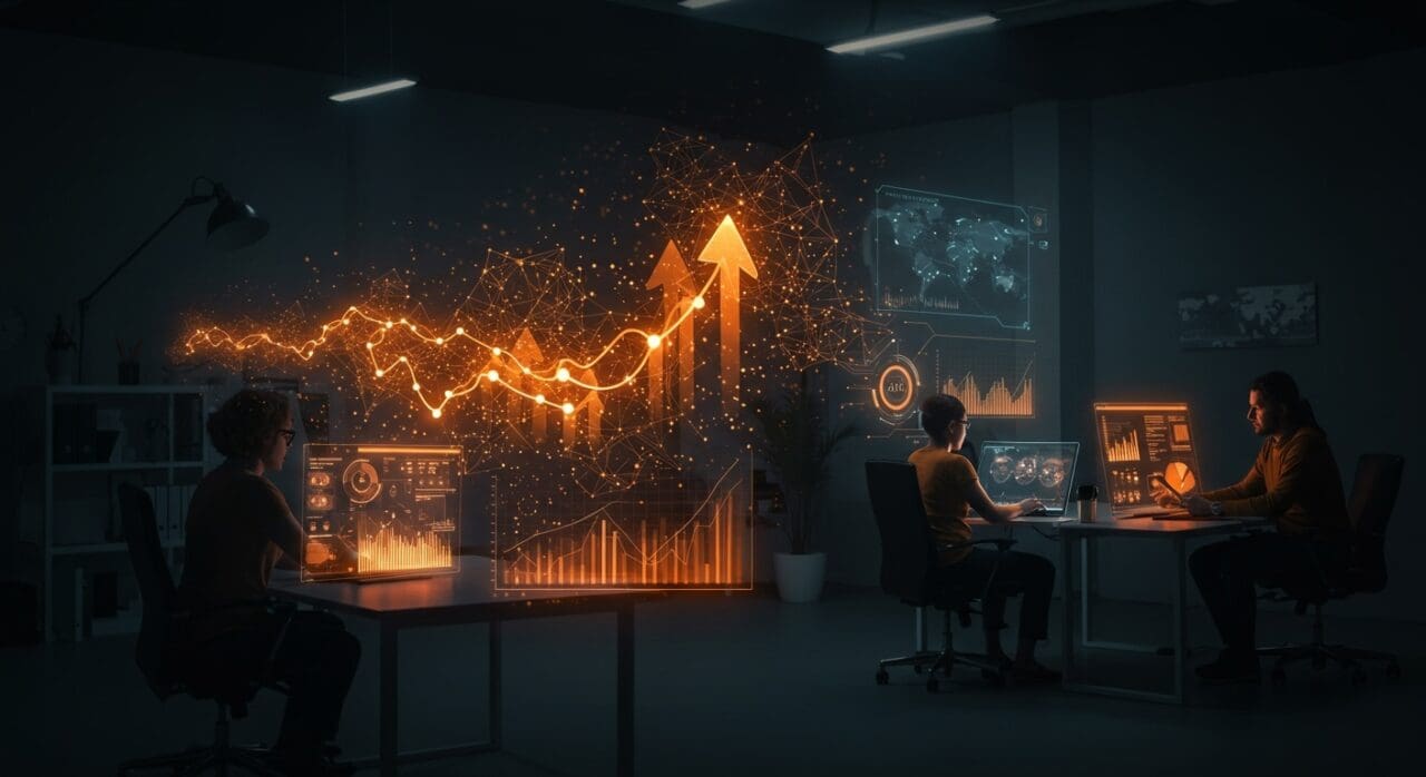 Equipo de startup tecnológica colaborando sobre modelos de lenguaje open source y aprendizaje por refuerzo avanzado en un ambiente futurista.