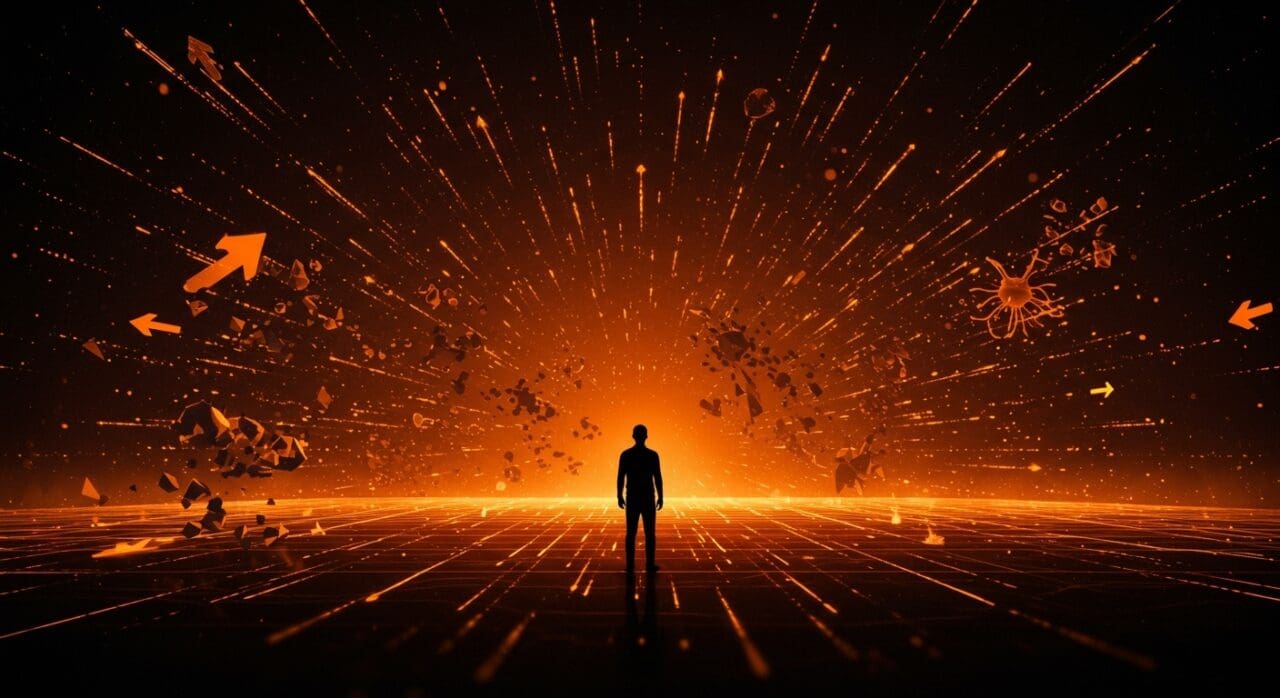 Silueta de líder frente a un horizonte digital con patrones de inteligencia artificial, simbolizando la competencia y desafíos de OpenAI en el sector IA.