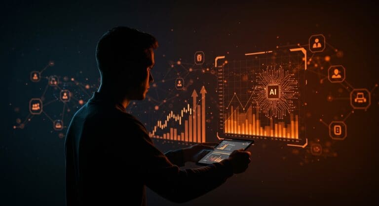 Fundador de startup frente a interfaz digital futurista mostrando competencia y tendencias en inteligencia artificial para inversión en LATAM.