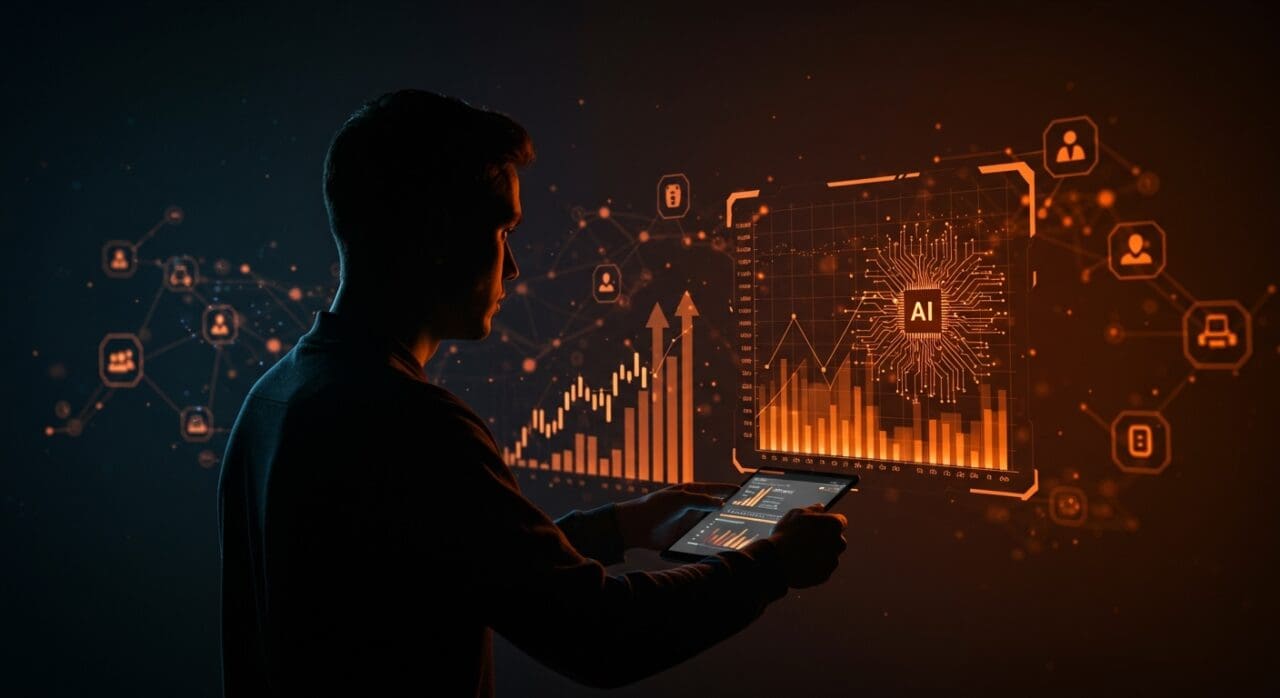 Fundador de startup frente a interfaz digital futurista mostrando competencia y tendencias en inteligencia artificial para inversión en LATAM.