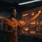 Líder tecnológico interactuando con interfaz digital que representa la expansión de ChatGPT Enterprise y la competencia en IA aplicada en SaaS.