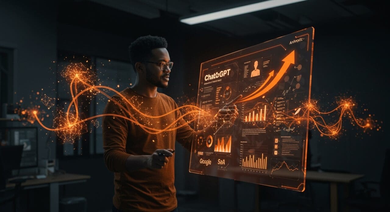 Líder tecnológico interactuando con interfaz digital que representa la expansión de ChatGPT Enterprise y la competencia en IA aplicada en SaaS.