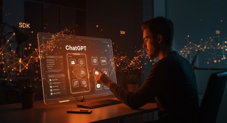 Developer creando y lanzando aplicaciones de inteligencia artificial en ChatGPT, aprovechando el nuevo ecosistema de apps de OpenAI para startups.