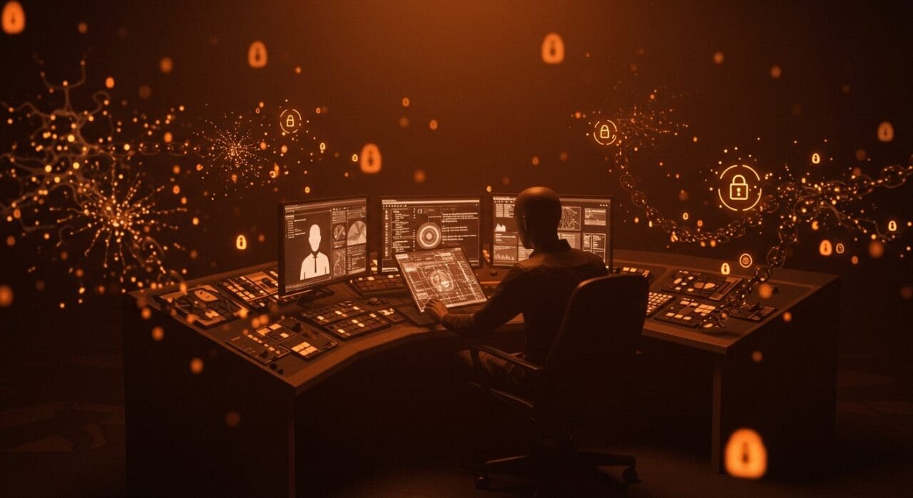 Ilustración editorial que muestra la amenaza de prompt injection en IA para empresas tecnológicas, destacando riesgos y estrategias de defensa en startups.