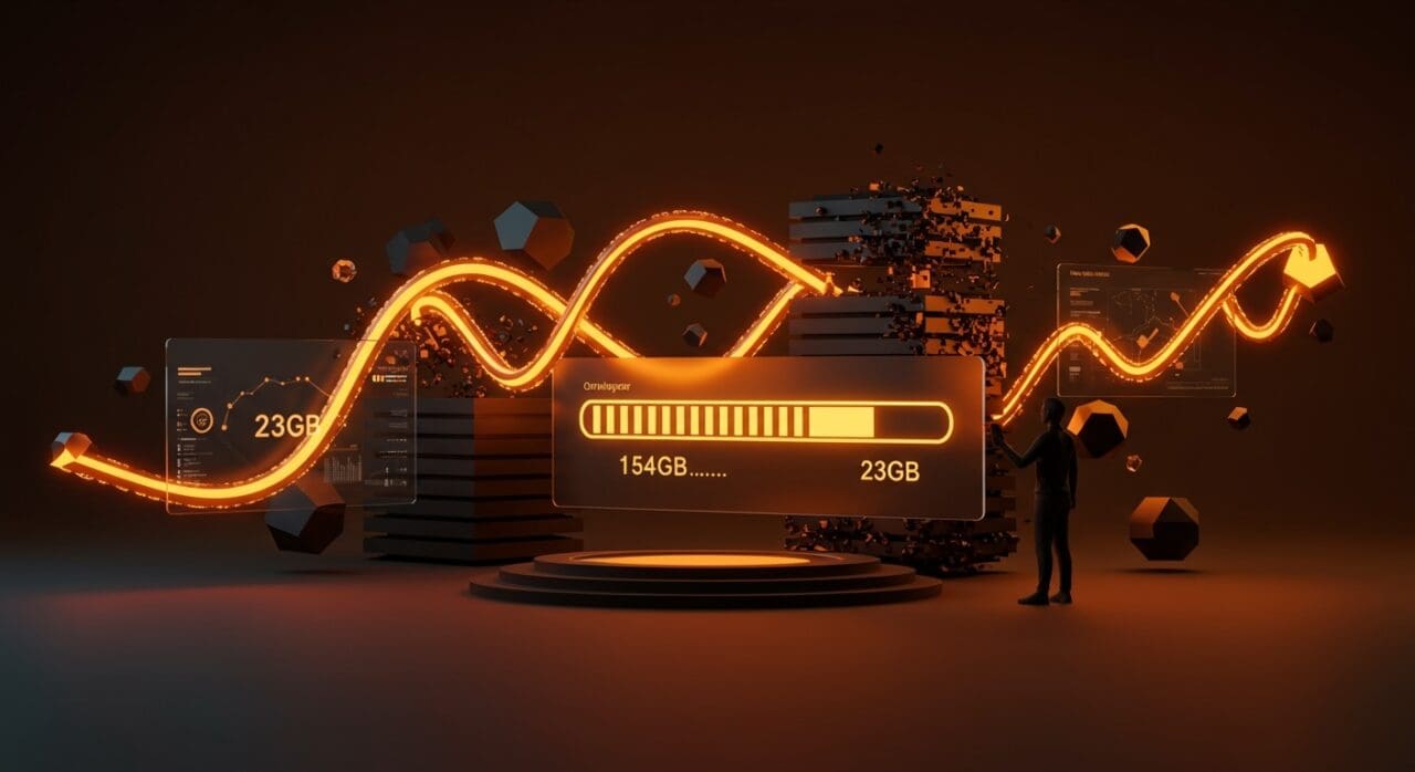 Optimización de software en videojuegos mostrando reducción de tamaño de instalación con gestión eficiente de datos en tecnología digital.
