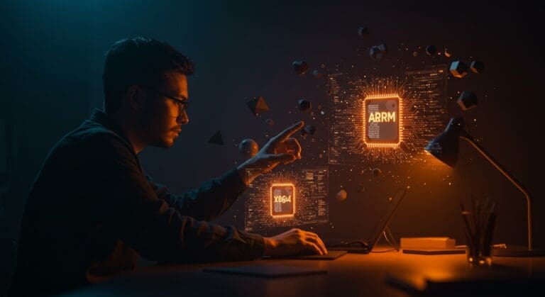 Desarrollador analizando optimizaciones de compiladores para C++ y arquitecturas ARM y x86-64 en ambiente tecnológico moderno.