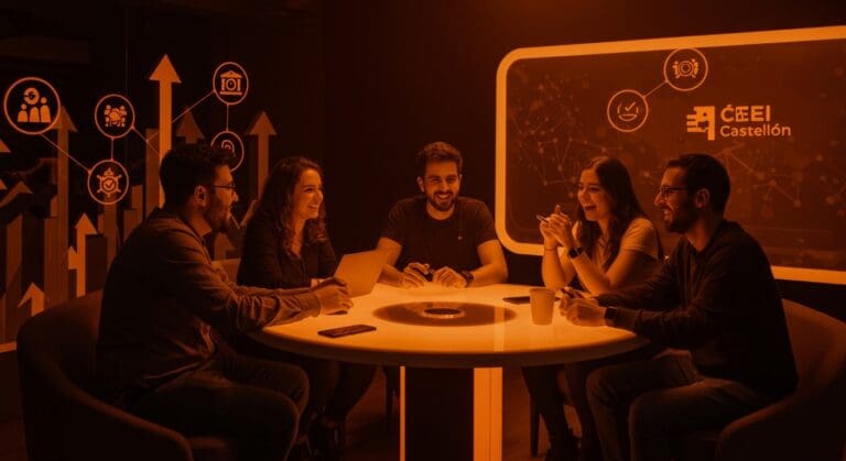 Cinco startups colaborando en un centro de innovación, destacando funding e innovación en el ecosistema de Órbita Castellón y CEEI.