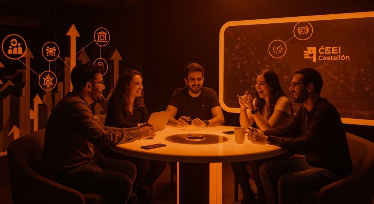 Cinco startups colaborando en un centro de innovación, destacando funding e innovación en el ecosistema de Órbita Castellón y CEEI.