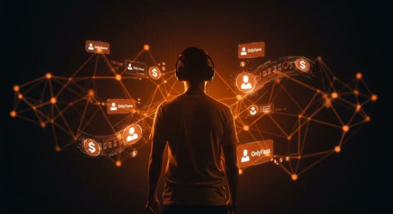 Monetización de creadores digitales ilustrada con flujos de ingresos y tecnología, inspirada en la historia de OnlyFans para emprendedores tech.