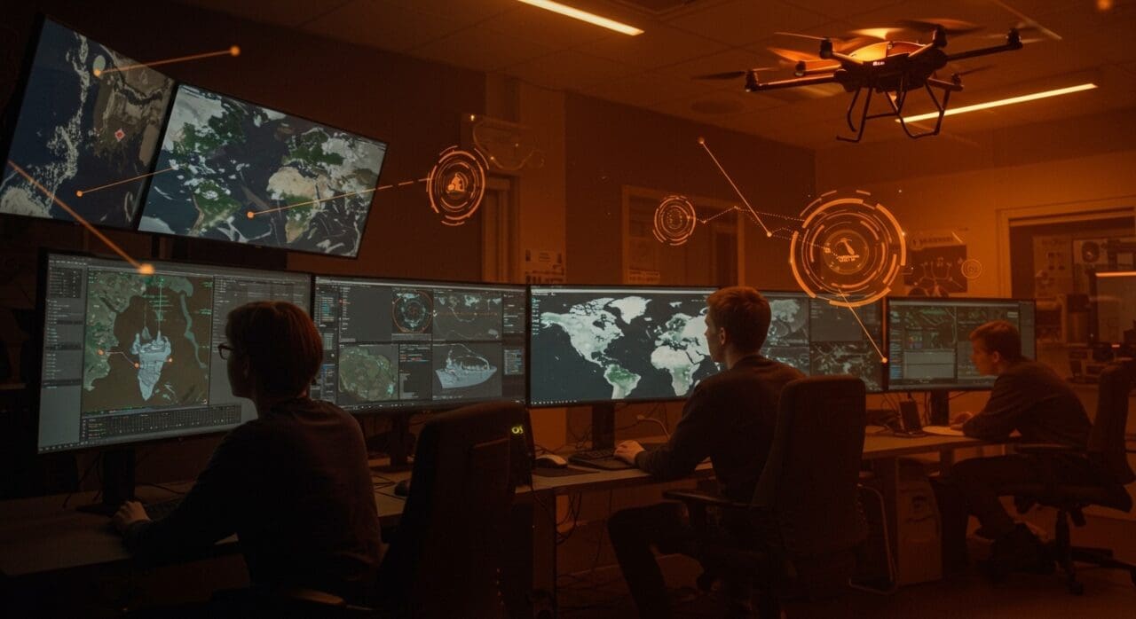 Investigación con OSINT y drones revelando buques rusos, destacando seguridad moderna y vigilancia en startup tecnológica.