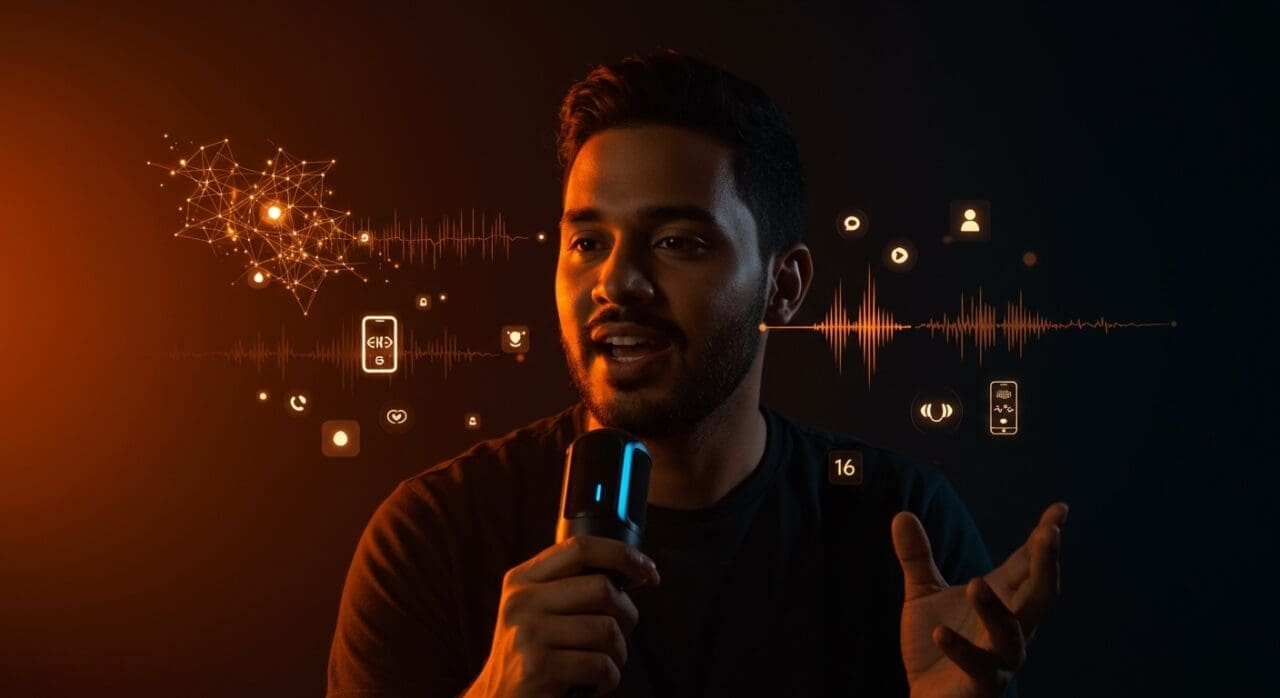 Fundador de tech usando IA de voz en app de citas innovadora con esquema de colores naranja y negro.