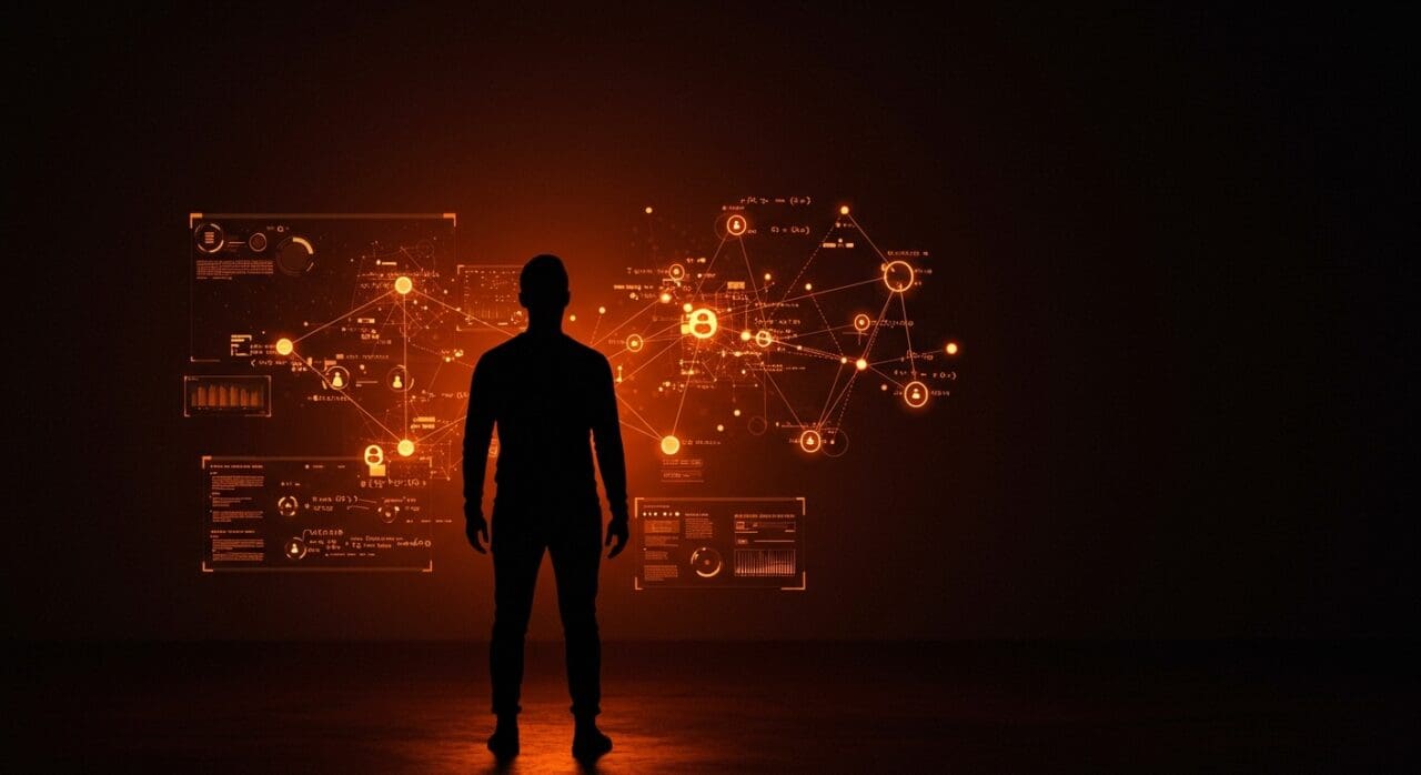 Fundador tech ante interfaz digital abstracta mostrando criptografía, inteligencia artificial y problemas NP-completos en ecosistema startup.