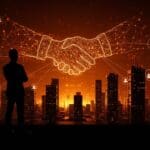 Figura empresarial poderosa simbolizando financiación récord y alianza tecnológica en la oferta de Paramount por Warner Bros dentro del ecosistema startup.