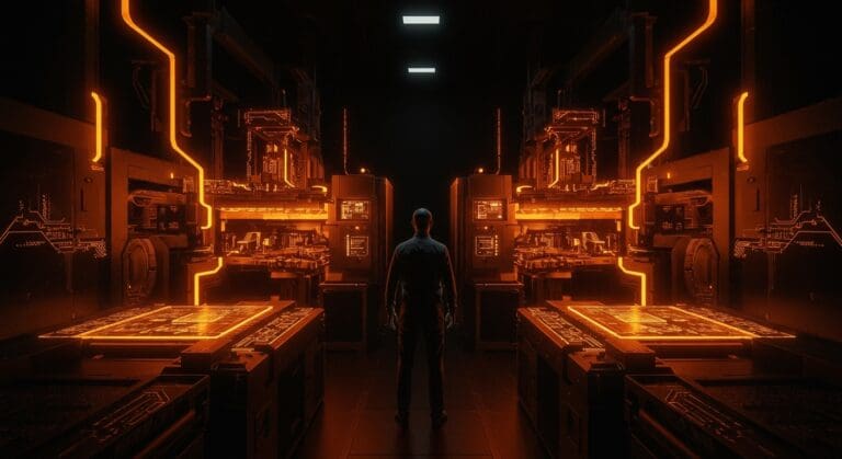 Pat Gelsinger en un laboratorio de semiconductores avanzado simbolizando el futuro tecnológico y la evolución de la Ley de Moore.