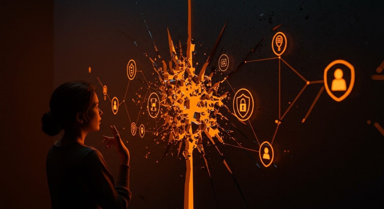 Brecha de datos en veterinaria tecnológica Petco-Vetco simbolizada con un muro digital fracturado y elementos de seguridad en color naranja y negro.