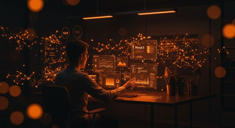 Visualización interactiva de IA aplicada en Phind 3 mostrando mini-aplicaciones en tiempo real en un entorno tecnológico avanzado.