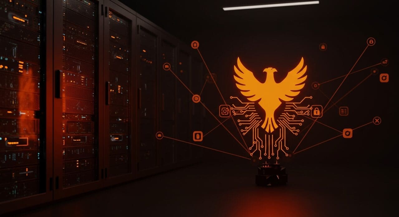Servidor gráfico Phoenix en Zig para Linux, representando innovación y seguridad como alternativa moderna a Xorg en entornos startup LATAM.