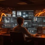 Editor en una sala de redacción digital utilizando resúmenes impulsados por IA en Google News, representando innovación en medios y tecnología startup.