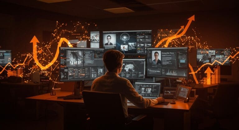 Editor en una sala de redacción digital utilizando resúmenes impulsados por IA en Google News, representando innovación en medios y tecnología startup.