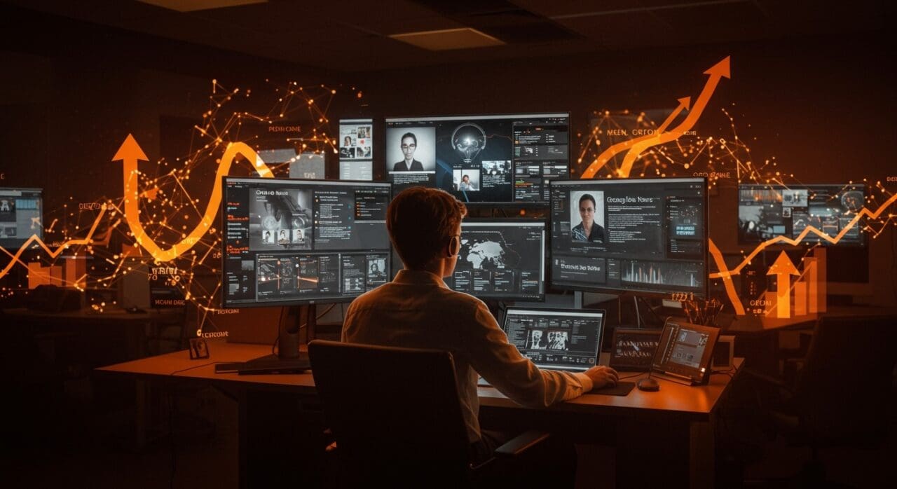 Editor en una sala de redacción digital utilizando resúmenes impulsados por IA en Google News, representando innovación en medios y tecnología startup.