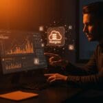 Workspace de startup con fundador y dashboards digitales que ilustran Postgres gestionado y escalabilidad en la nube, destacando PlanetScale Metal para SaaS en LATAM.