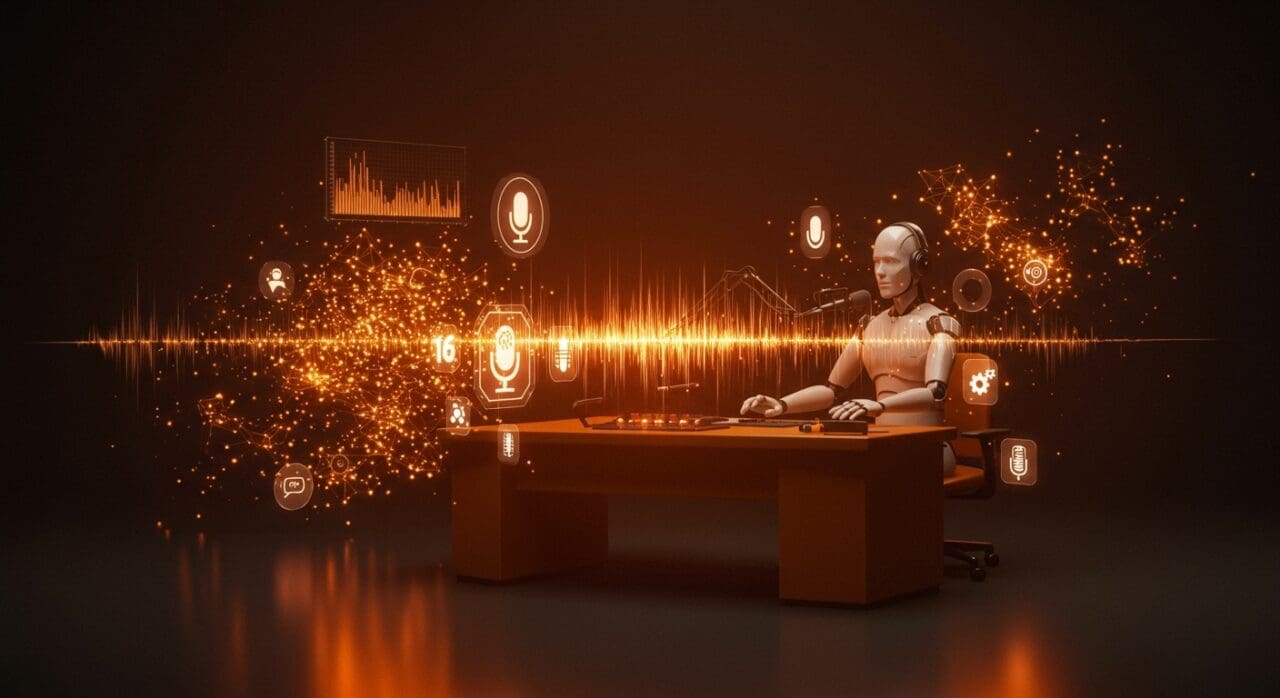 Estudio de podcast futurista con anfitrión de IA generando contenido sintético y visualizaciones digitales de clonación de voz y automatización en el mercado tecnológico.