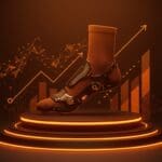 Calcetín biomecánico Podoks en pedestal futurista destacando innovación, inversión y expansión global en healthtech.