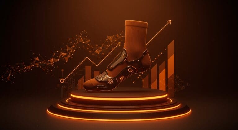 Calcetín biomecánico Podoks en pedestal futurista destacando innovación, inversión y expansión global en healthtech.