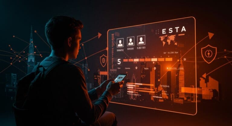 Viajeros frente a interfaz digital con historial de redes sociales y símbolos de políticas migratorias de Estados Unidos en ecosistema startup.