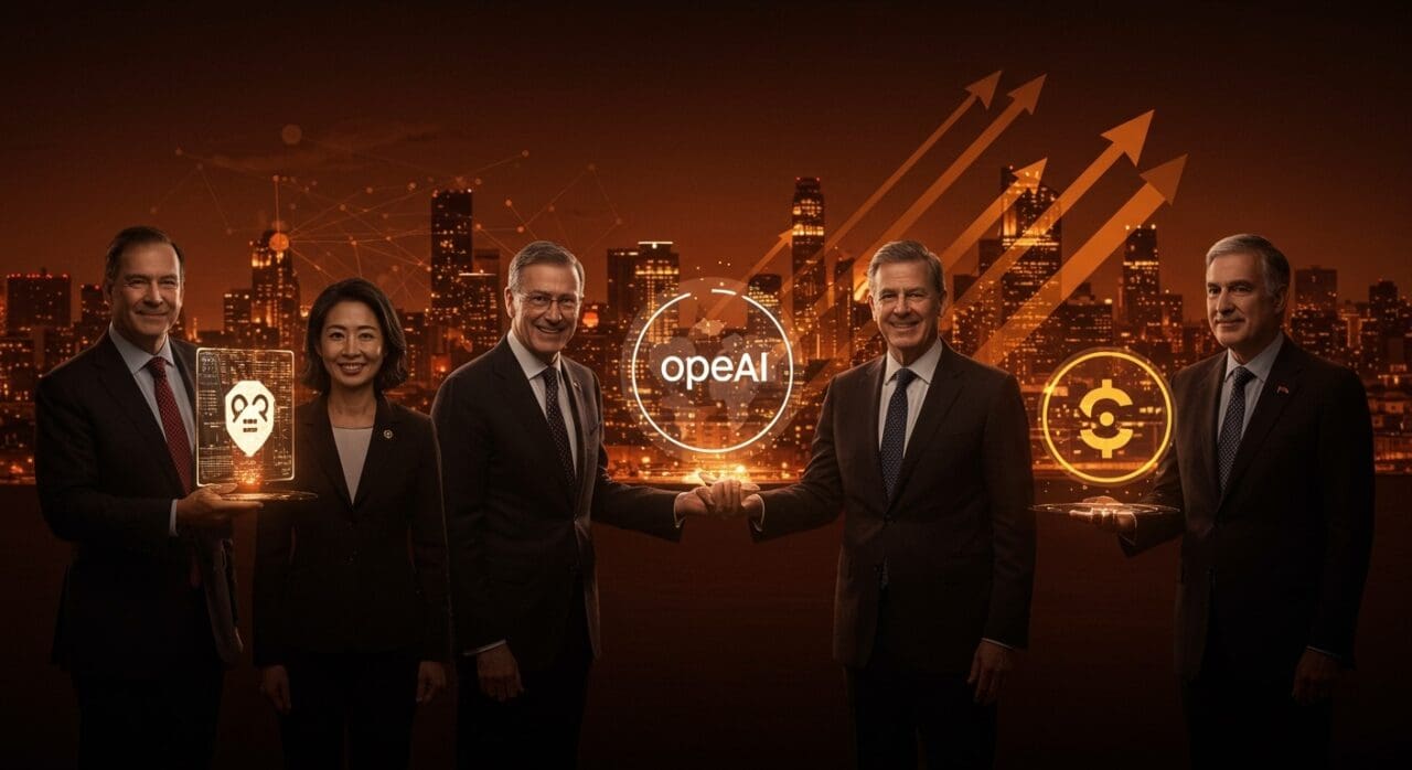 Políticos británicos interactuando con hologramas de OpenAI y Coinbase, simbolizando la integración entre política y tecnología en startups LATAM.