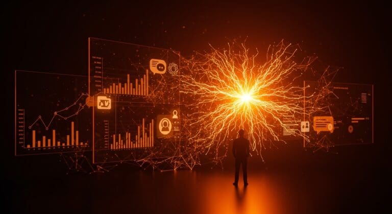 Founder tech frente a pantallas digitales que muestran crecimiento, automatización e inteligencia artificial aplicada en startups.