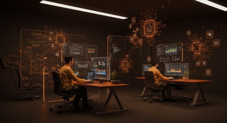 Entorno COSMIC en Pop!_OS 24.04 LTS mostrando colaboración de founders tech y software libre en un ambiente futurista con paleta naranja y negro.