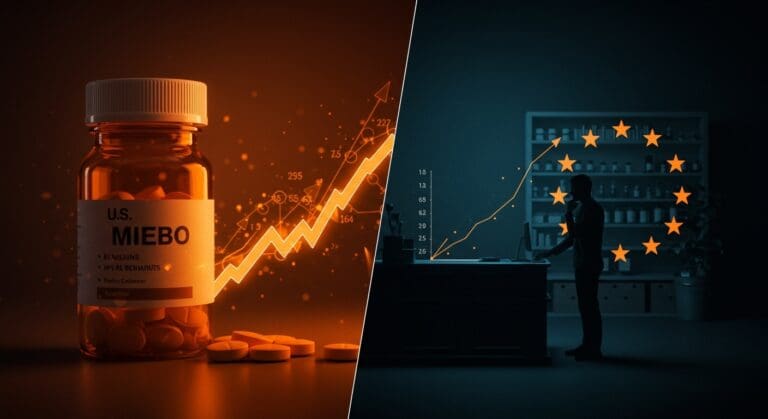 Diferencia de precio del medicamento MIEBO entre EE.UU. y Europa destacando regulación y mercado farmacéutico.
