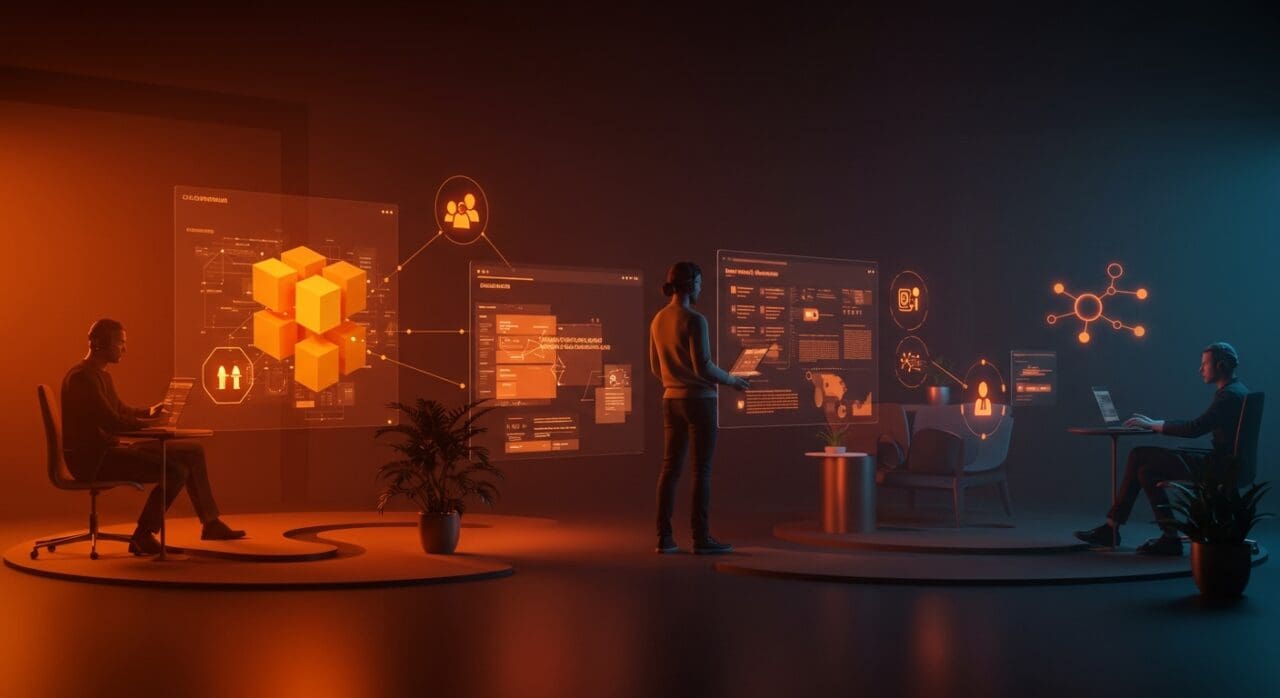 Visual conceptual de CMS headless y agentes de IA revolucionando la gestión de contenido en startups con colaboración en tiempo real e infraestructura digital.