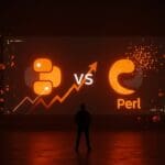 Lenguaje Python superando a Perl en popularidad tecnológica en 2025, con símbolo de fundador tech y tendencias de programación.