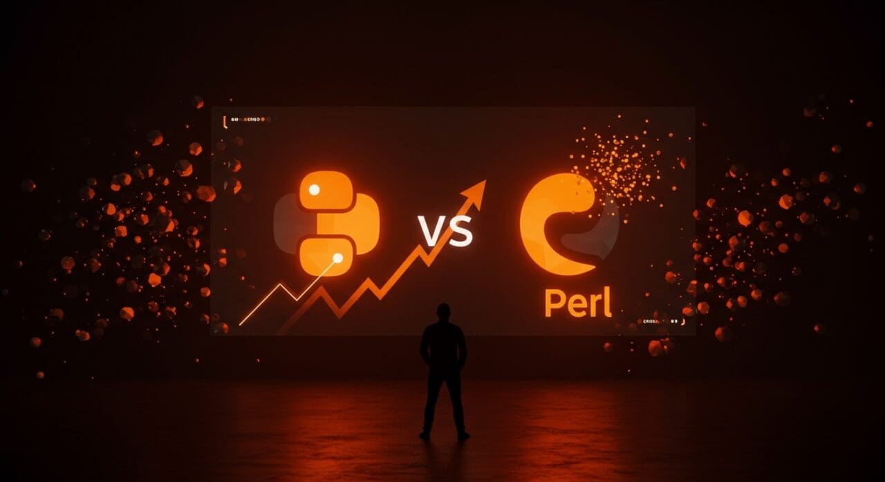 Lenguaje Python superando a Perl en popularidad tecnológica en 2025, con símbolo de fundador tech y tendencias de programación.