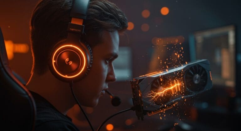 Auriculares con interferencias sonoras causadas por la GPU durante juegos, destacando optimización gráfica y hardware en desarrollo tecnológico.
