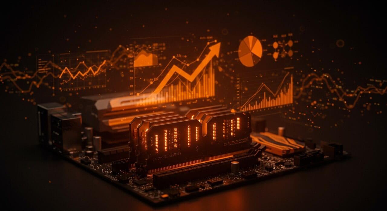 Evolución del precio DRAM y memoria RAM DDR4 y DDR5 en un entorno tecnológico con esquema de colores Ecosistema Startup para optimización de hardware.