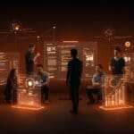 Ganadores de los Premios de software libre 2024 colaborando en un entorno tecnológico con metáforas visuales de comunidad open source y libertad digital.