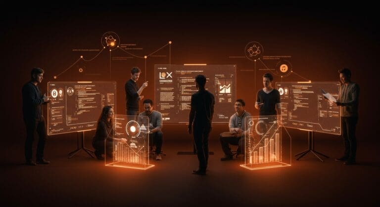 Ganadores de los Premios de software libre 2024 colaborando en un entorno tecnológico con metáforas visuales de comunidad open source y libertad digital.