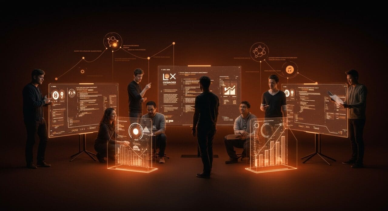 Ganadores de los Premios de software libre 2024 colaborando en un entorno tecnológico con metáforas visuales de comunidad open source y libertad digital.