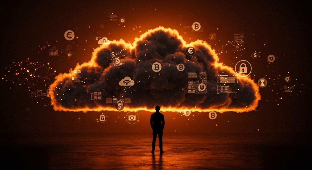 Fundador de startup frente a la nube digital enfatizando la importancia del anonimato y la privacidad digital en SaaS y servicios cloud.