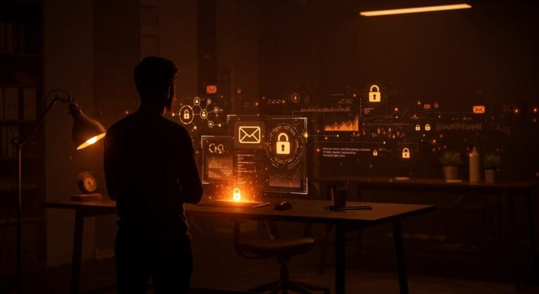 Fundador de startup tecnológica observando interfaces digitales que simbolizan privacidad, seguridad y tecnología blockchain en un entorno oscuro con tonos naranja y negro.